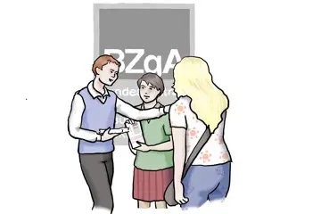 Zu sehen ist eine Zeichnung des Symbols der Bundeszentrale f&uuml;r gesundheitliche Aufkl&auml;rung. Vor dem BZgA-Logo stehen drei junge Menschen und sprechen miteinander.