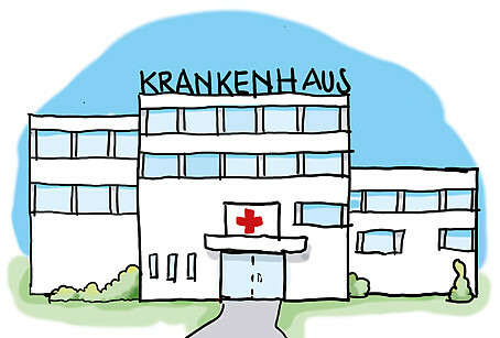Zu sehen in einer Zeichnung ein Gebäude mit der Aufschrift "Krankenhaus". Am Eingang ist ein rotes Kreuz zu sehen.