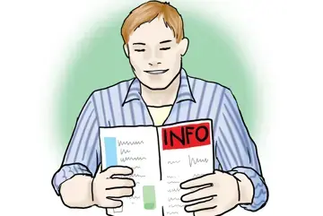 Zu sehen in einer Zeichnung ein Mann, der eine Informationsbrosch&uuml;re liest.