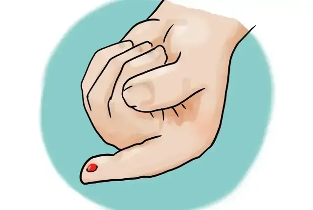 Zu sehen in einer Zeichnung ist eine Hand. Der Zeigefinger ist gestreckt und man sieht dort einen Blutstropfen.