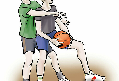 Zu sehen in einer Zeichnung sind zwei Männer, die Basketball spielen.