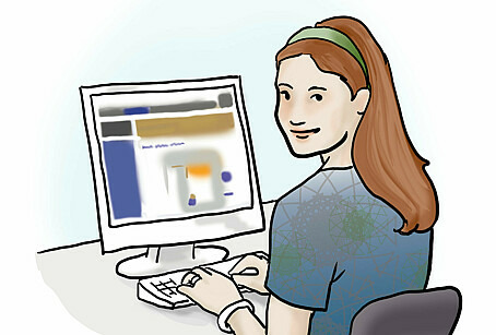 Zu sehen in einer Zeichnung eine Frau. Die Frau sitzt vor einem Computerbildschirm und lächelt. 