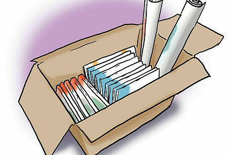 Zu sehen ist in einer Zeichnung ein Pappkarton. Der Karton ist mit Informationsmaterial gefüllt.