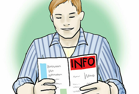 Zu sehen in einer Zeichnung ein Mann, der eine Informationsbroschüre liest.