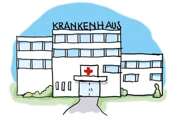 Zu sehen in einer Zeichnung ein Geb&auml;ude mit der Aufschrift "Krankenhaus". Am Eingang ist ein rotes Kreuz zu sehen.