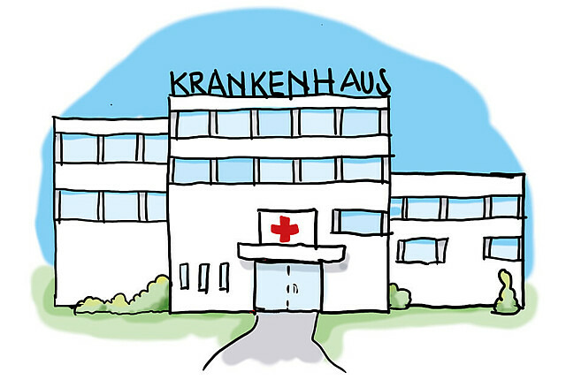 Zu sehen in einer Zeichnung ein Gebäude mit der Aufschrift "Krankenhaus". Am Eingang ist ein rotes Kreuz zu sehen.
