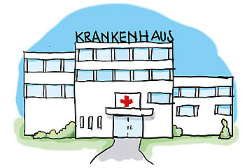 Zu sehen in einer Zeichnung ein Gebäude mit der Aufschrift "Krankenhaus". Am Eingang ist ein rotes Kreuz zu sehen.