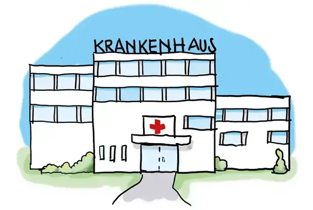 Zu sehen in einer Zeichnung ein Geb&auml;ude mit der Aufschrift "Krankenhaus". Am Eingang ist ein rotes Kreuz zu sehen.