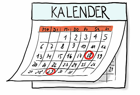 Zu sehen in einer Zeichnung ist ein Kalender. Einige Tage sind mit einem roten Stift markiert.