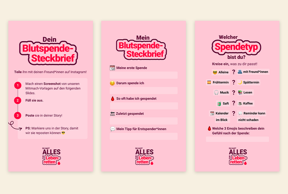 Diese Grafik zeigt drei Story-Visuals der Kampagne "Du hast alles zum Lebenretten"